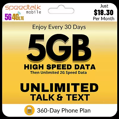 SIM Card Kit Unlimited Data Talk Text Prepaid SpeedTalk Smart Phone Plan 1 Year • $220