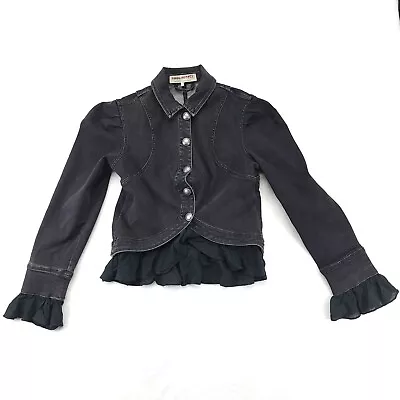 Free People Women’s Size S Military Ruffles Boho Goth Black Denim Jacket • £125.46