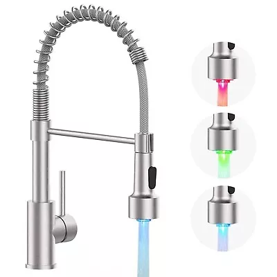 Brushed Nickel Kitchen Faucet LED Pull Down Sprayer Single Handle Sink Mixer Tap • $32