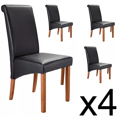 Set Of 4 Four Siena Large Dark Brown Faux Leather Natural Oak Leg Dining Chairs • £189.98