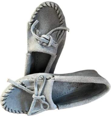$16.99 • Buy Minnetonka Kilty Women's Girl Size 5 Blue Hardsole Suede Moccasins Loafers EUC