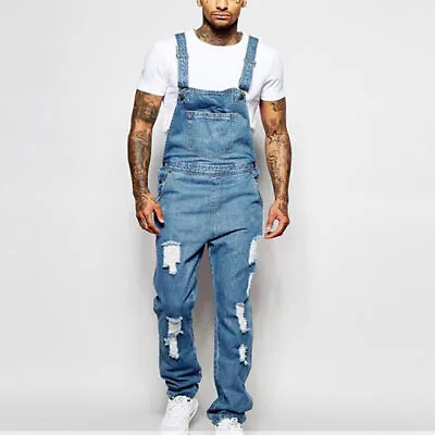 Mens Denim Dungaree Overalls Pants Trousers Bib Ripped Cargo Work Jeans Jumpsuit • £18.12
