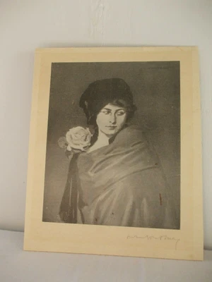 £35 • Buy Black & White Portrait Etching Vintage Women With Rose Signed