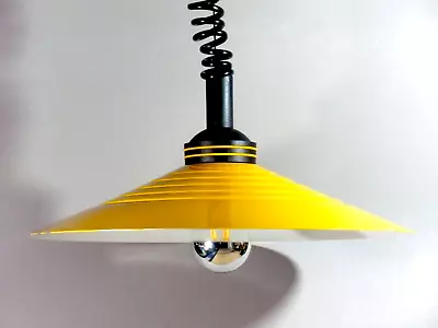 Mid Cent Mod Memphis Style Ufo  Pendant Lamp Yellow Metal Rise+fall Vintage • $55.89