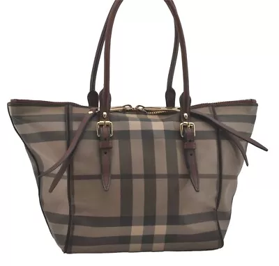 Authentic BURBERRY Check Vintage Shoulder Hand Tote Bag PVC Leather Gray 7845I • $350