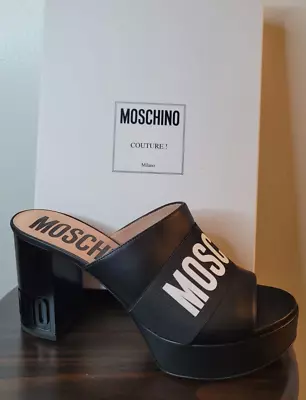 Mochino Open Toe Platform Mule Pumps Black Leather Size 40 (US Size 10) • $522