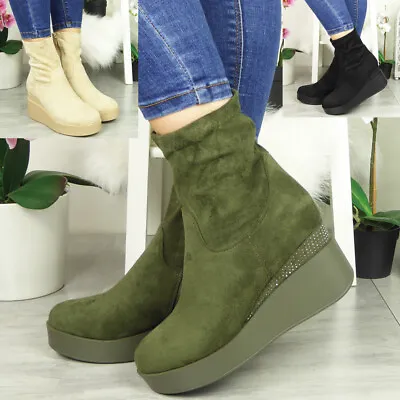 £21.99 • Buy Mid Calf Wedge Boots Shoes Ladies High Platform Heel Zip  Stretch Womens Size