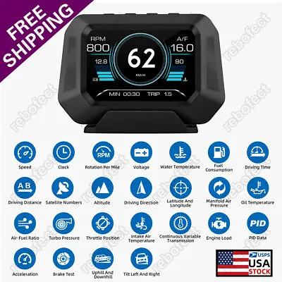 $48.99 • Buy OBD2+GPS Car HUD Gauge Head Up Digital Display Speedometer RPM Alarm Oil Temp US