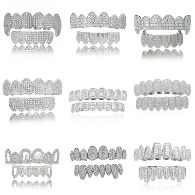 14K Gold Plated CZ Teeth Grillz Hip Hop Top Bottom Mouth Silver Grill Set Custom • $9.49