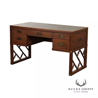 Sligh Campaigh Style Faux Bamboo Walnut Leather Top Writing Desk • $1495