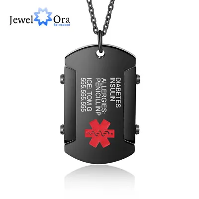 Custom Men Medical Alert ID Necklace Engraving Dog Tag Emergency Pendant Black • $13.81