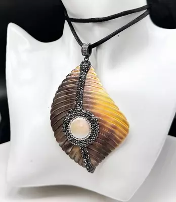 Stunning JOAN BOYCE Large Abalone Leaf Gray Crystal MOP Pendant Necklace 32  F02 • $0.99