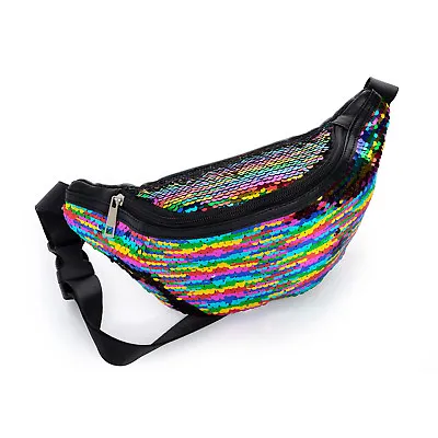 Rainbow Sequin Bum Bag Festival Fanny Pack Bum Bag Money Pouch Belt • £3.99