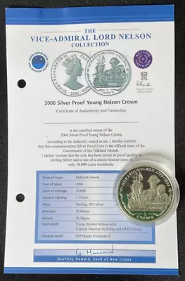 Falkland Islands 2006 Silver Proof Crown Coin:  Young Nelson & Suckling With COA • £23.50