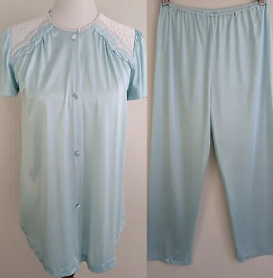 Vintage 70s Vanity Fair Baby Blue Silky Nylon Pajama Set Pants Top XS USA Made • $24.74