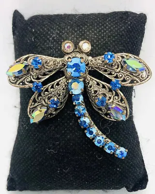 Large Blue AB Rhinestone Filigree Dragonfly Brooch Czech? Vintage Jewelry • $59.99