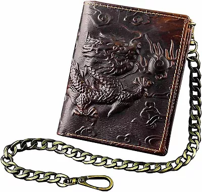 Vintage Dragon Mens Leather Wallet Slim Card Money Purse With/ Safe Chain • $19