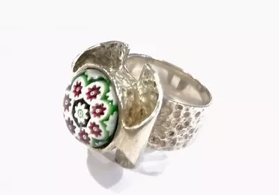 Vintage Hammered Silver Millefiori Caithness Glass Ring 1971 • £45