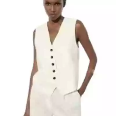 NWT ZARA Linen Blend Tailored Cropped Vest In Ecru WOMEN'S 16 • $43.95
