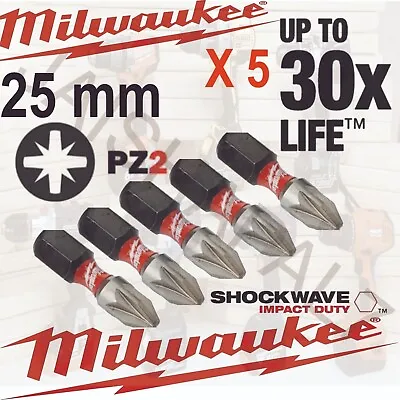 MILWAUKEE PZ2 25m 5 X Impact Driver Bits SHOCKWAVE Fit AEG RYOBI HILTI PANASONIC • £2.99