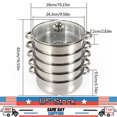 5 Tier Stainless Steel Steamer Cooker Steam Pot Kitchen Food Cooking + Glass Lid • $45