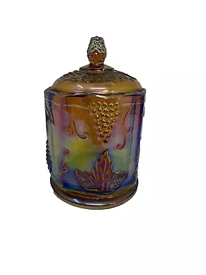 Indiana Carnival Glass Jar Canister Amber Harvest Grape Candy Vintage Dish Lid • $15.99