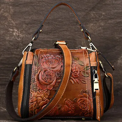 Genuine Leather Floral Embroidered Vintage Handbag Women's Tote Shoulder Bags • $46.54