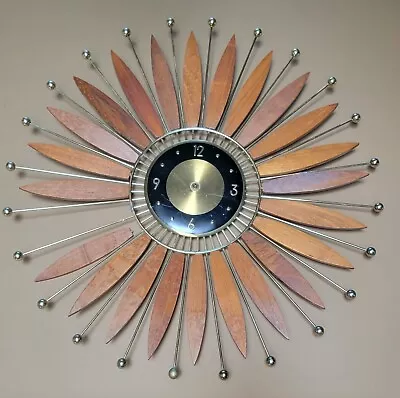 Vintage Atomic Starburst Mid Century Brass Wood Wall Clock Parts Project Piece • $49.99