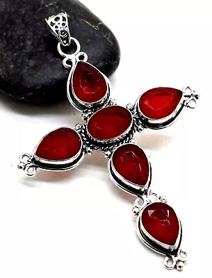 925 Sterling Silver Red Emerald Gemstone Handmade Jewelry Cross Pendant Size-3 • $19.99