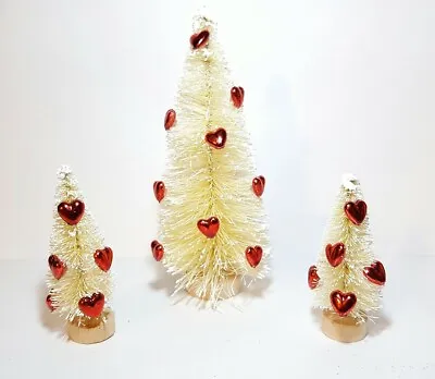 LOT 3 Mini VALENTINE'S DAY White W/Red HEARTS Miniature Sisal Bottle Brush Trees • $19.95
