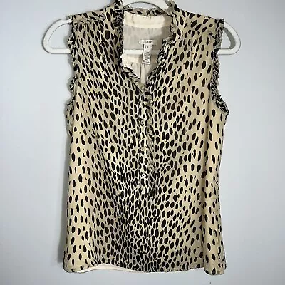 J Crew Sleeveless Silk Blouse-Ruffle Raw Edges-Tan Animal Print-Size 4 • $11.05