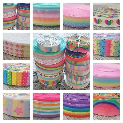 Rainbow Hearts Grosgrain Printed Ribbon 25mm Width 1  Birthday Cake Hair Bows • £2.25