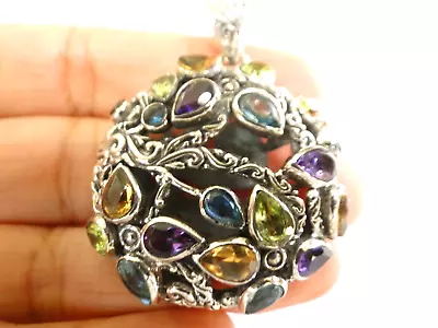 Multi Gemstone Dome Shape Round Ornate Balinese 925 Sterling Silver Pendant • $149