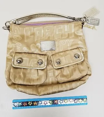 $95 • Buy Authentic COACH Poppy #15304 Gold Leather & Gold Sparkle Jacquard Storypatch Bag