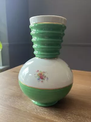 Vintage Floral Flower Vase Vessel Signed “Candal” Green Ribbed Gold Trim 8.5” • $28