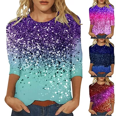 Women Casual Sequin Printed Round Neck Loose Fashionable Three Quarter Sleeve T • $13.09