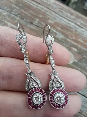 Art Deco Vintage Style Lab Created Diamond & Ruby Drop-Dangle Earring 925 Silver • $65.10