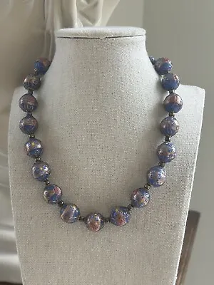 Venetian Murano Wedding Cake Glass Bead Necklace Vintage Blue 16  Italian • $175