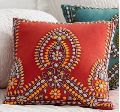 Pottery Barn Moroccan Gold Silver Beaded Accent Throw Pillow 12x12  Bohemian • $45