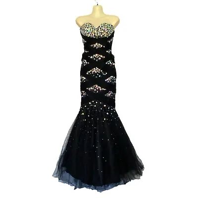 Morilee Madeline Gardner Black Embellished Mermaid Beaded Gown Prom Dress 3/4 • $44.25