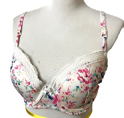 Marie Meili Bra Sz 36D Bra Ivory With Colorful Floral Print Lacey Bow Charm • £16.29