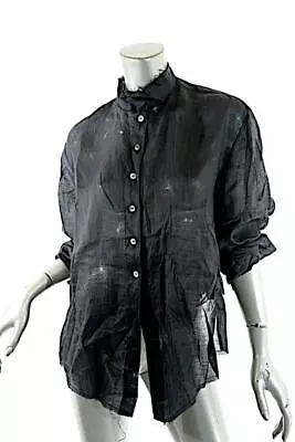 ELM DESIGN Black 100% Ramie Sheer Unfinished Edge Blouse  Shorter Rear  Sz P • $75