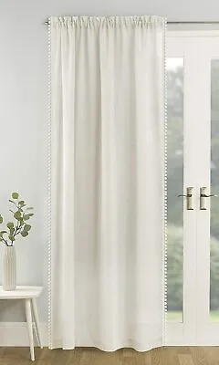 Maple Textiles Ivory Cream Pom Pom Trim Linen Look Voile Slot Top Curtain Panel • £14.99