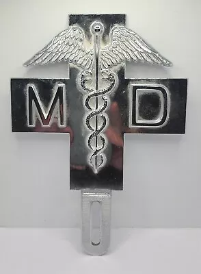 Vtg Solid Chrome MD Medical Doctor Caduceus License Plate Topper 7.5x5.5   • $42