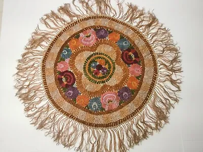 Vintage Silk Matyo Hungarian Round Embroidery Tablecloth 23  33  W/ Fringe • $99