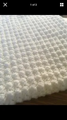 Hand Knitted Crochet Baby Pram Blanket White New • £15