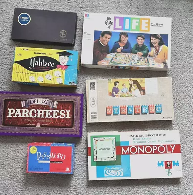 7 Vintage Board Games Life Monopoly Scrabble Parcheesi Yahtzee Stratego Password • $0.01