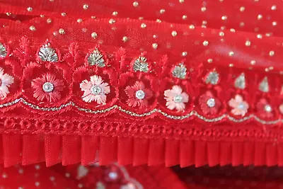 £58.18 • Buy Elegant Red Net Saree Frill Border Heavy Blouse Designer Sari Party Wear Saree