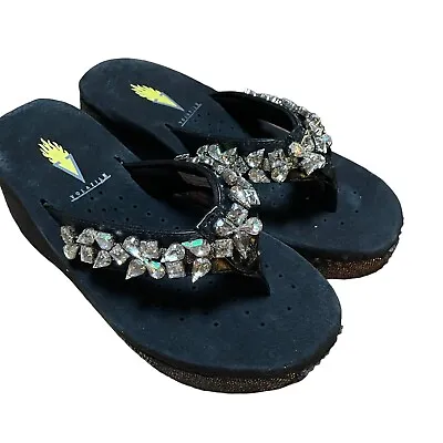 Volatile Flip Flops Size 5 Rock Candy Black Leather Wedge Sandals Rhinestone • $33.88