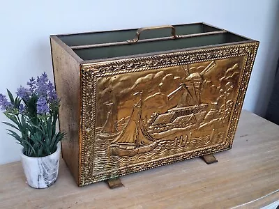 Vintage 50s Moulded  Brass Magazine Rack Embossed Magazine Rack With Windmill • £35